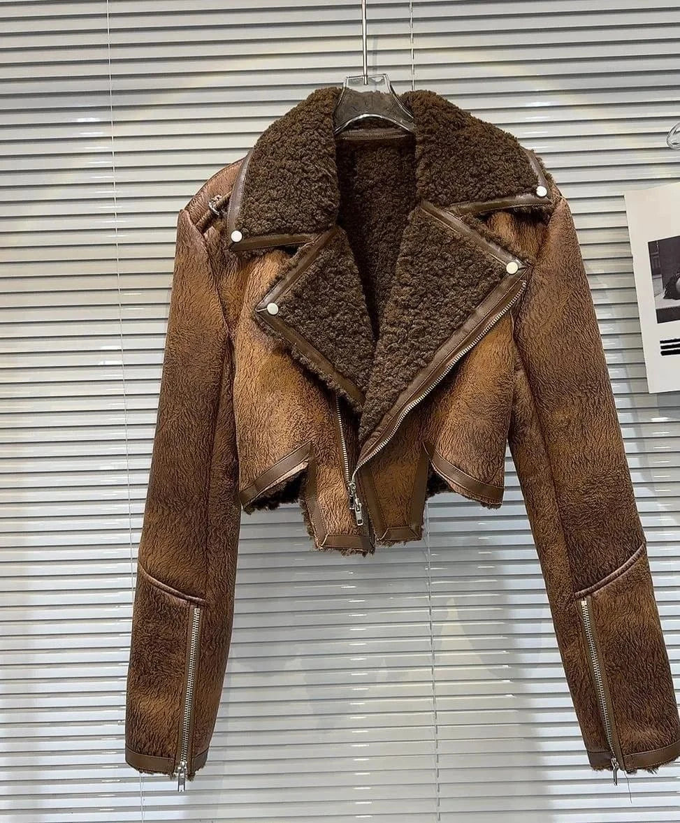 L / Brown ZHEZHE New Casual Hot Selling Fashion Fall Winter Motorcycle Warm Lady Coat Faux Fur Women Clothing Street Coat Jacket With Fur