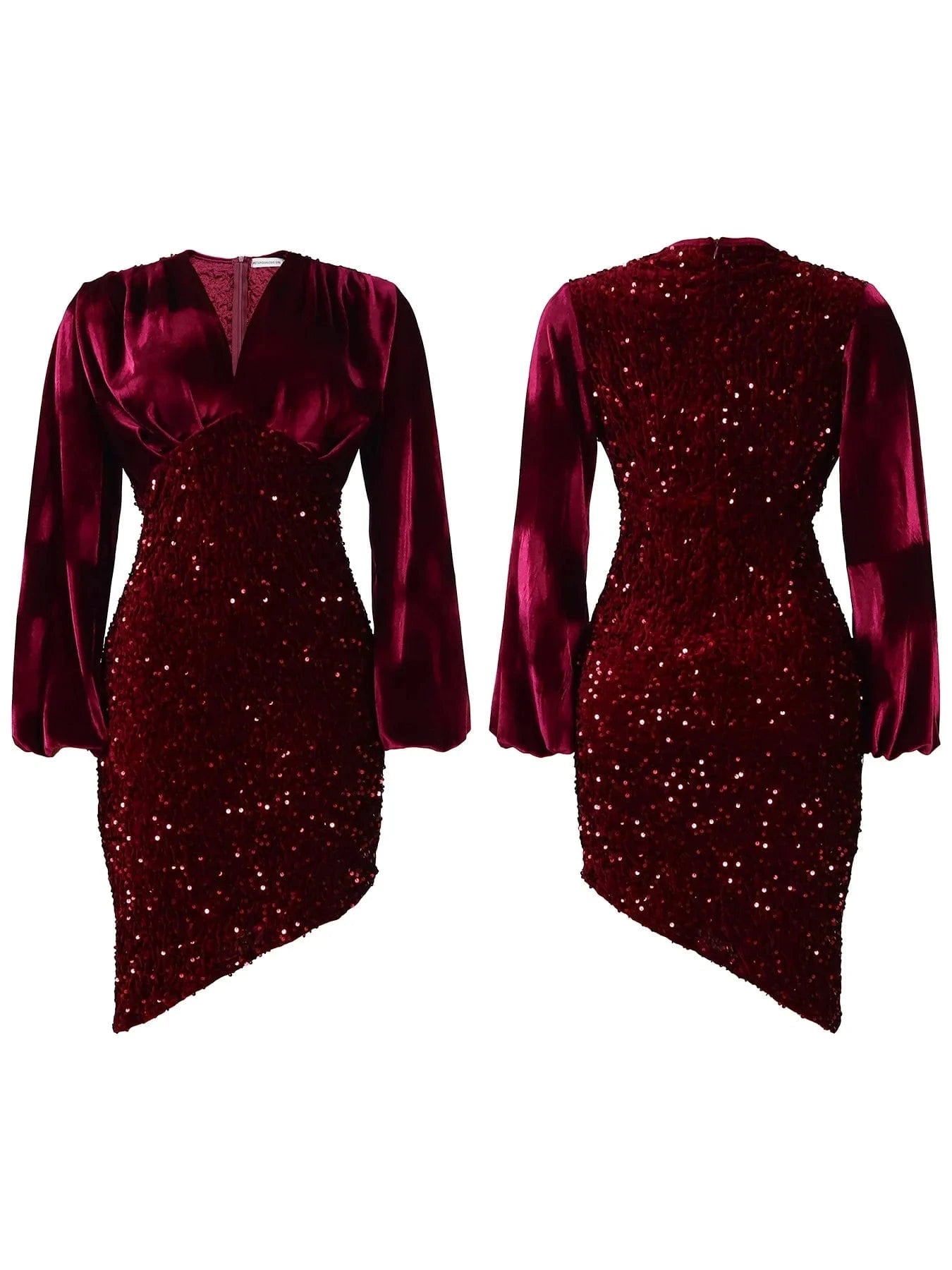 L / Burgundy latest New Design stylish V Neck puff Long Sleeve Shiny chic elegant Women Party Sequin High Waist Mid Length Evening Dresses
