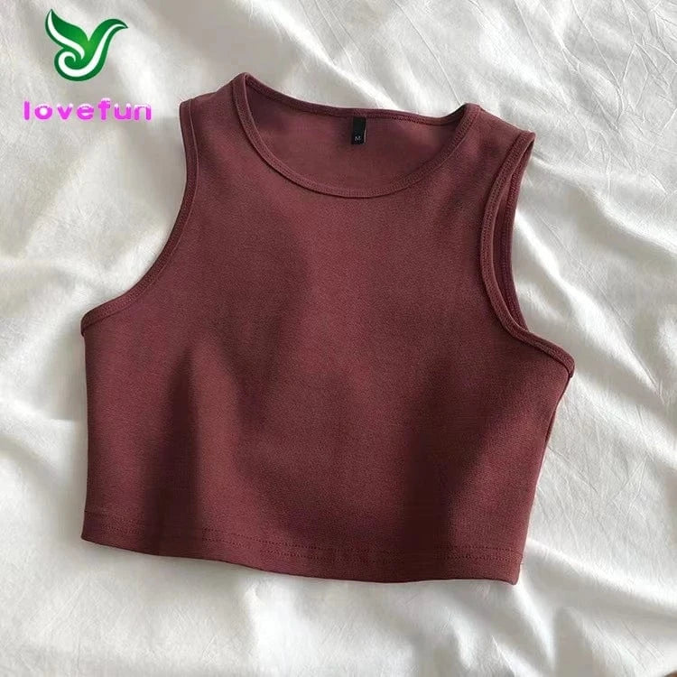 L / Burgundy / Polyester / Cotton Custom Cropped Vest Tank Top Women'S High Waist Slim Inside T-Shirt Women'S Elastic Short Sleeveless Bottom Shirt Girl