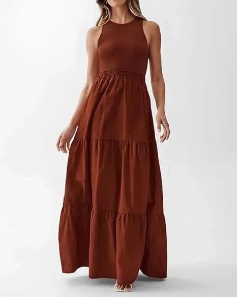 L / Burgundy Women Sleeveless Dress with Round Neck Swing Maxi Dress Polyester Long Skirt Crew neck patchwork pit strip sleeveless vest dress
