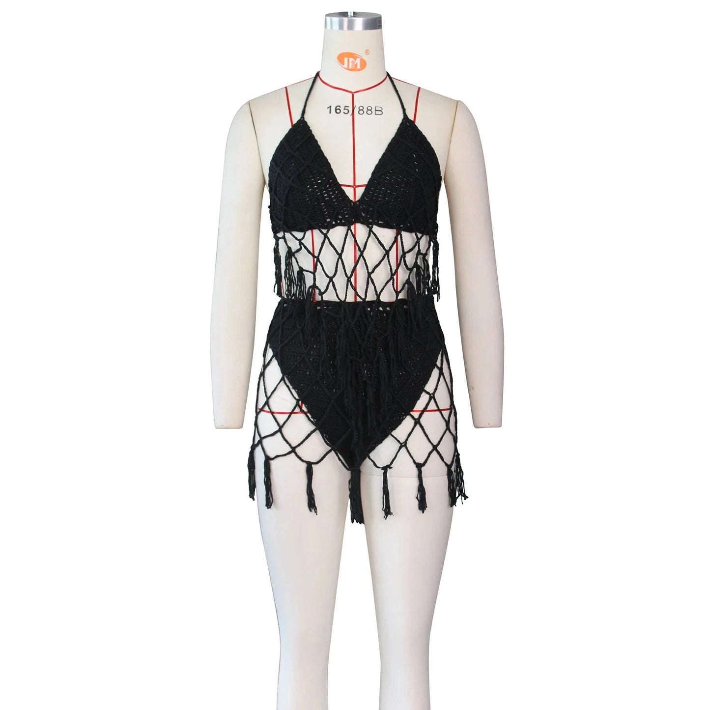 L / C305ST02 Black Bomblook C305ST02 Crochet Swim Suit 2024 Summer Beach 2 Pieces Sets Halter Top With Underwear Tassels Women Sexy Set