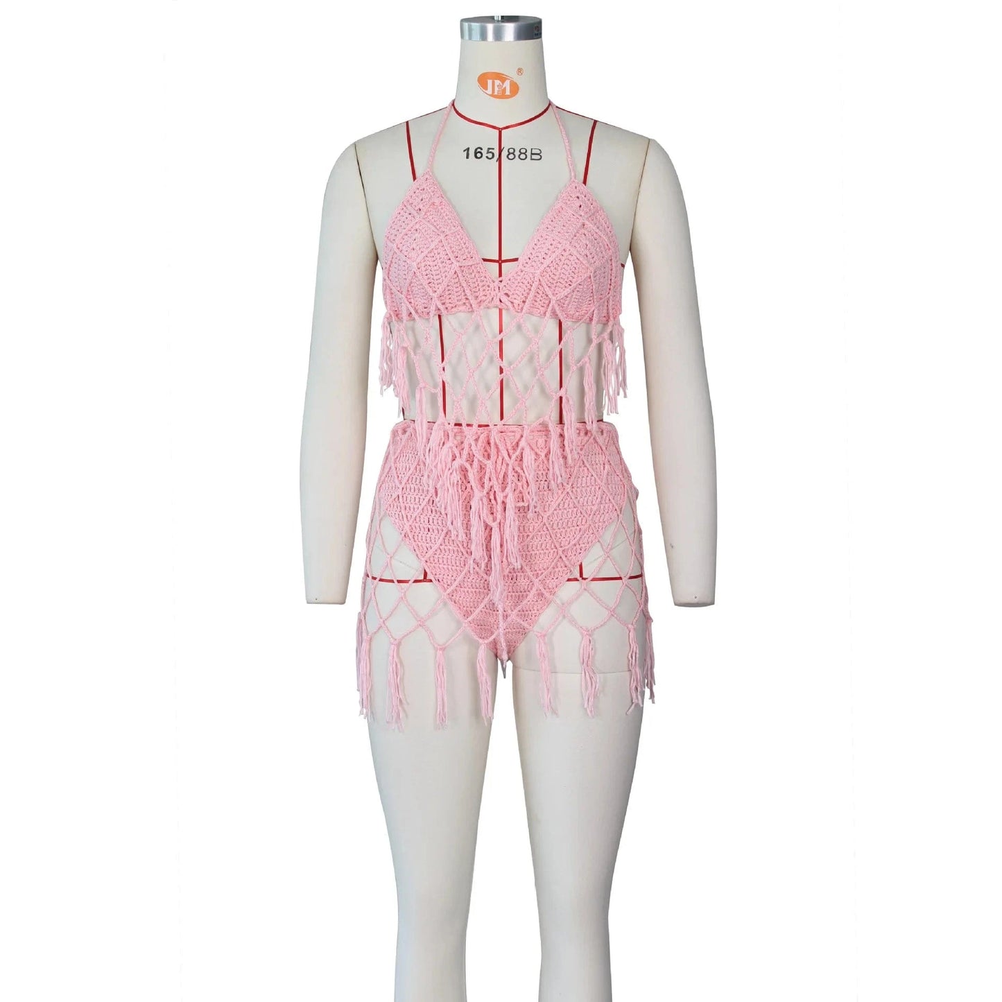 L / C305ST02 Pink Bomblook C305ST02 Crochet Swim Suit 2024 Summer Beach 2 Pieces Sets Halter Top With Underwear Tassels Women Sexy Set
