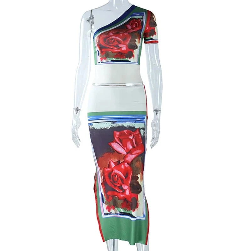 L / C316ST02 Multi color Bomblook C316ST02 Irregular Shoulder Outfits Slim Top With Midi Slit Skirt Women Two Pieces Skirts Sets Summer Printed Outfit