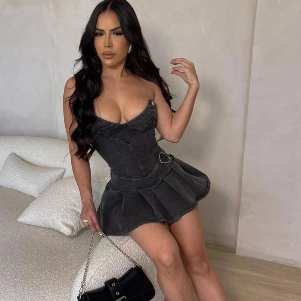 L / C422DS Black Bomblook C422DS Deep V Neck Denim Mini Dress Bodycon Summer Sexy Club Party Stretchy Striped Strapless Dresses For Women 2024