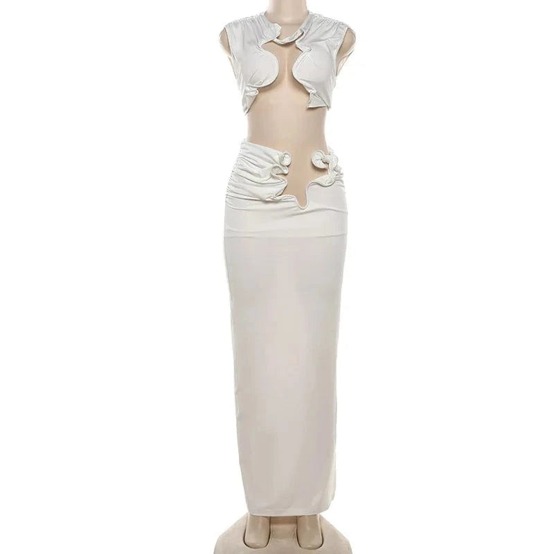 L / C428ST02 Beige Bomblook C428ST02 Fashion 3D Boning Floral Top Solid Outfits Streetwear 2 Piece Maxi Skirt Set Women Summer Evening Wear 2024