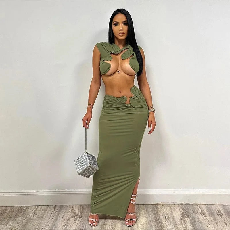 L / C428ST02 Green Bomblook C428ST02 Fashion 3D Boning Floral Top Solid Outfits Streetwear 2 Piece Maxi Skirt Set Women Summer Evening Wear 2024