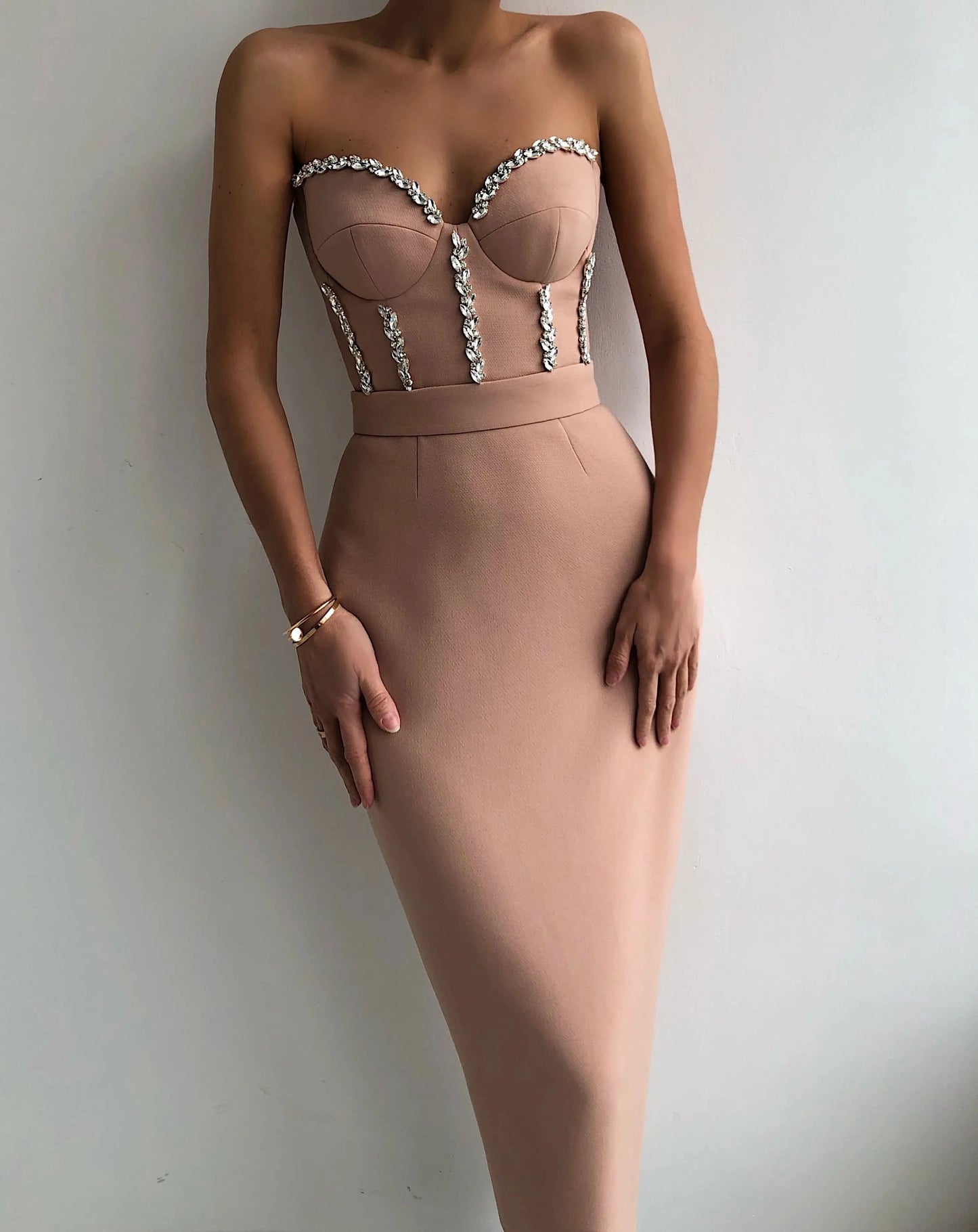 L / Champagne BY2262 Hot Selling Off The Shoulder Diamonds Crystal Midi Sexy Bodycon Bandage Dress High Quality Dresses