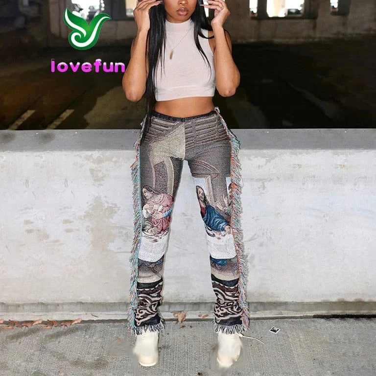 L / Character Fashion Tassel Pants Women High Waist Skinny Streetwear Casual Side Tassel Fringe Tapestry Pants For Women