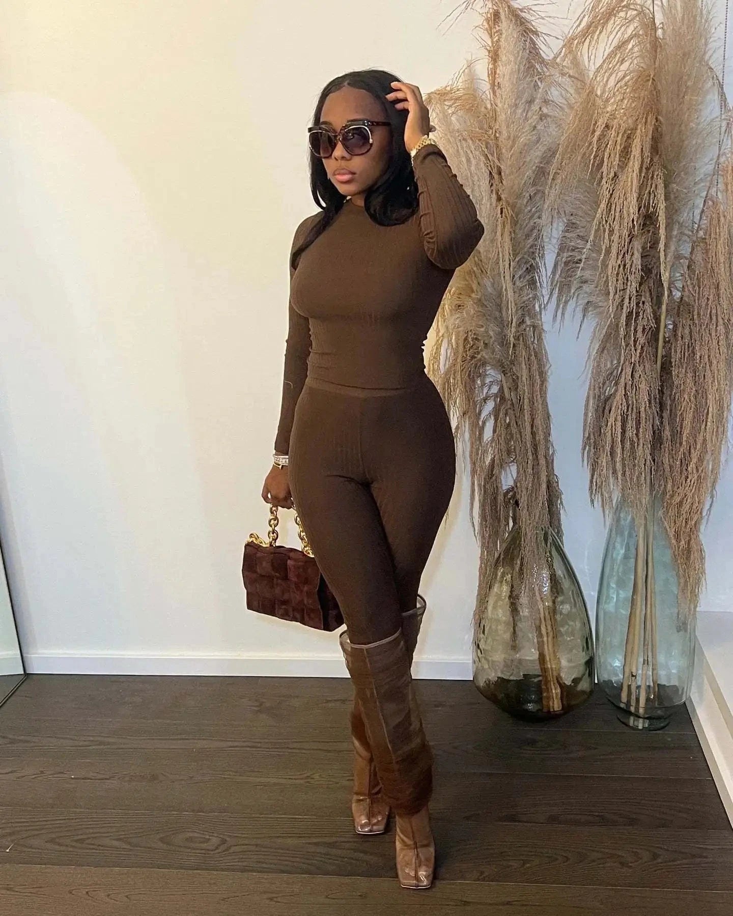 L / Coffee Liu Ming Autumn Winter Wholesale 2024 Fashion Women Casual 2 Piece Set Ribbed Solid O Neck Long Sleeve Crop Top Pants Tracksuit