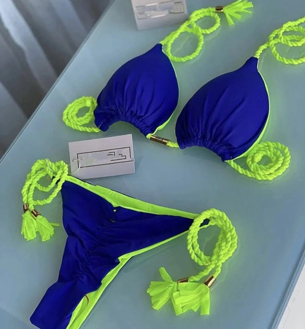 L / Color 4 2024 Thong Bikini Set Swimsuit Woman Sexy Bathing Suits Two Piece Bikinis Triangle Bandage Female Beachwear