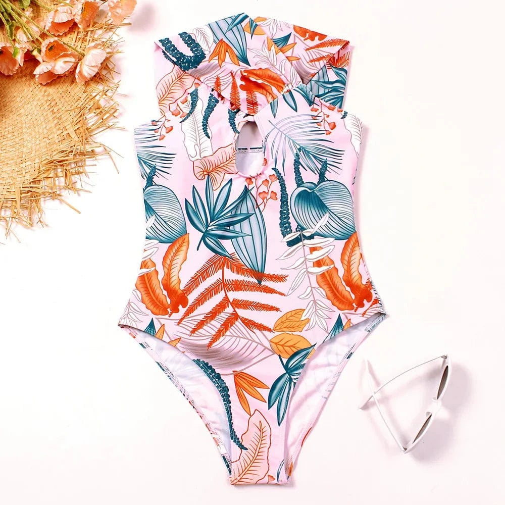 L / Color three Sexy High Cut Leg Triangle Floral Print Hollow Out Halter One Piece Swimsuits for Women 2023