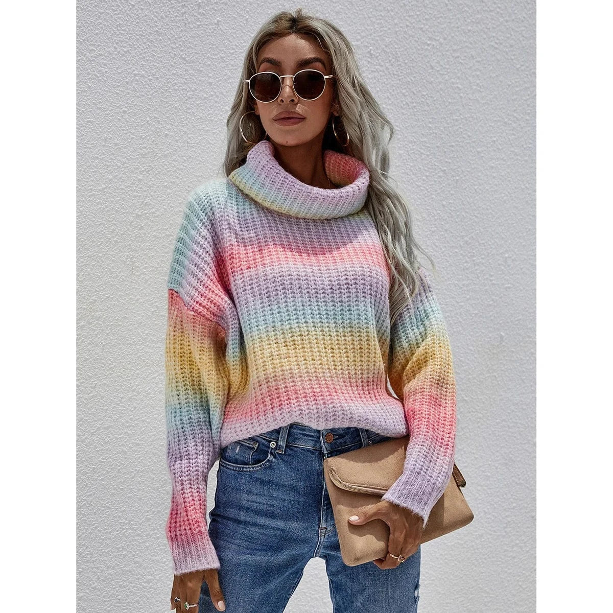 L / Colorful pink DAMOCHIC Custom Logo Women Knit Sweater Fall Pullover Colorful Rainbow High Collar Cheap Winter Knitted Sweater Tops