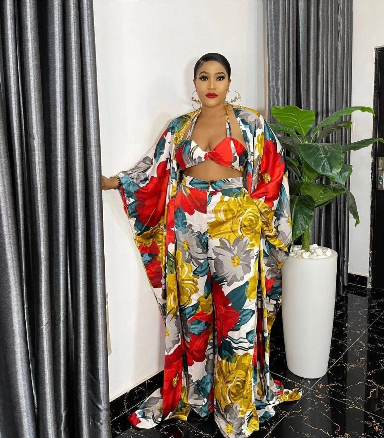L / CORAL RED 2023 Summer Floral Print 4 Piece Set Women Tops Plus Size Women's Sets Women Pants 4 Piece Sets Kimono