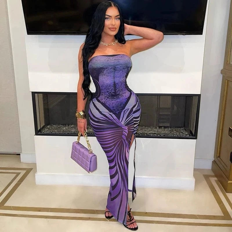 L / D23DS281 Purple Bomblook D23DS281 2024 Elegant Slim Strapless Outfits Club Evening Dresses Graphic Print Sleeveless Women's Slit Maxi Dress