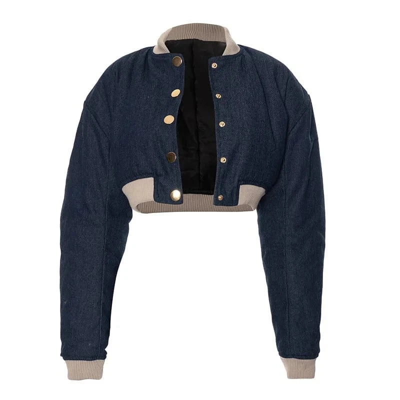 L / Dark blue 2024 Patchwork Long Sleeve Single Breasted Winter Thick Warm Puffer Jacket  Cotton-Padded  Bubble Coats For Women