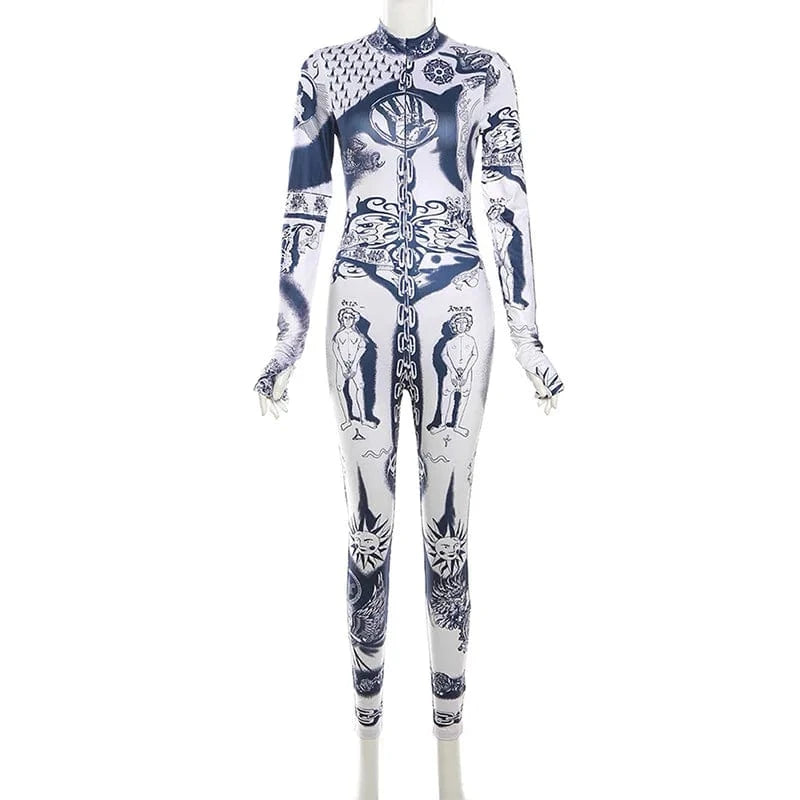 L / Dark blue Bomblook C1129JP 2024 Spring Long Sleeve Playsuit Casual God Print One Piece Jumpsuit Printed Jumpsuits Women