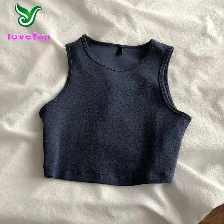 L / Dark blue / Polyester / Cotton Custom Cropped Vest Tank Top Women'S High Waist Slim Inside T-Shirt Women'S Elastic Short Sleeveless Bottom Shirt Girl