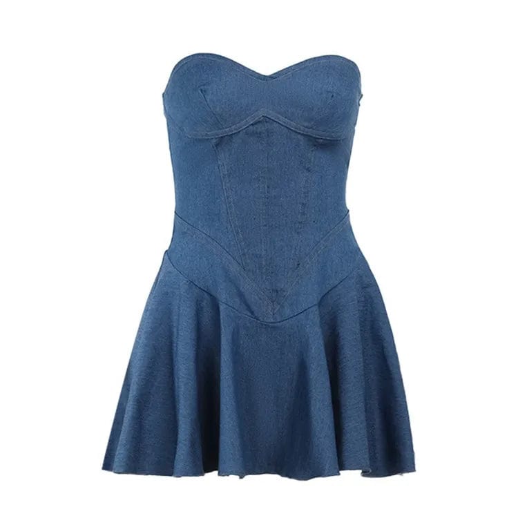 L / Dark blue Sexy Off Shoulder Pleated Mini Dress Fake Denim Women Sleeveless Backless Fashion Hot Girl Dress