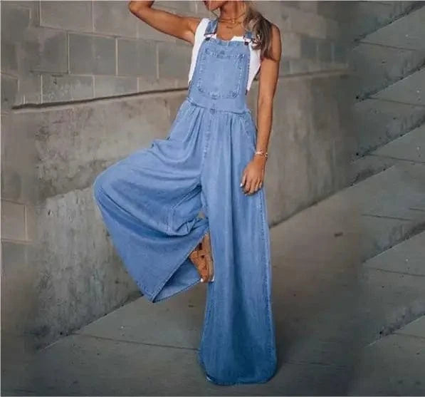 L / Dark blue Summer New Women's Loose Side Pocket Sleeveless Adjustable Shoulder Strap Denim Suspenders Trousers Jumpsuit Sehe Fashion