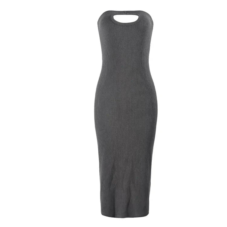 L / Dark Gray Sexy Y2K Ribber Solid Hollow Out Bodycon Tube Dresses Women Off Shoulder Sleeveless Backless Slim Dress