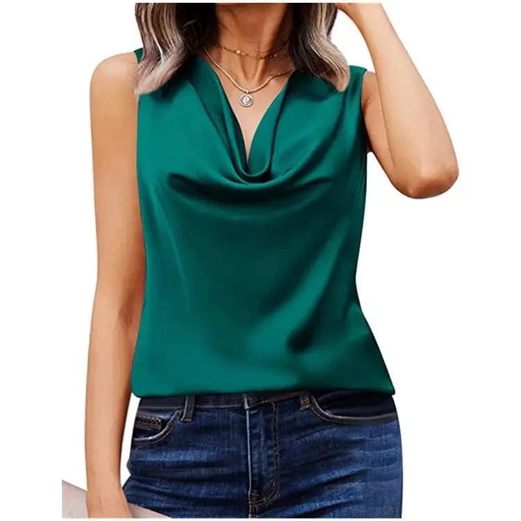 L / Dark Green 2024 New Summer Satin Crew Neck Vest Casual Halters Sleeveless Shirt  Solid Color Loose Women shirt