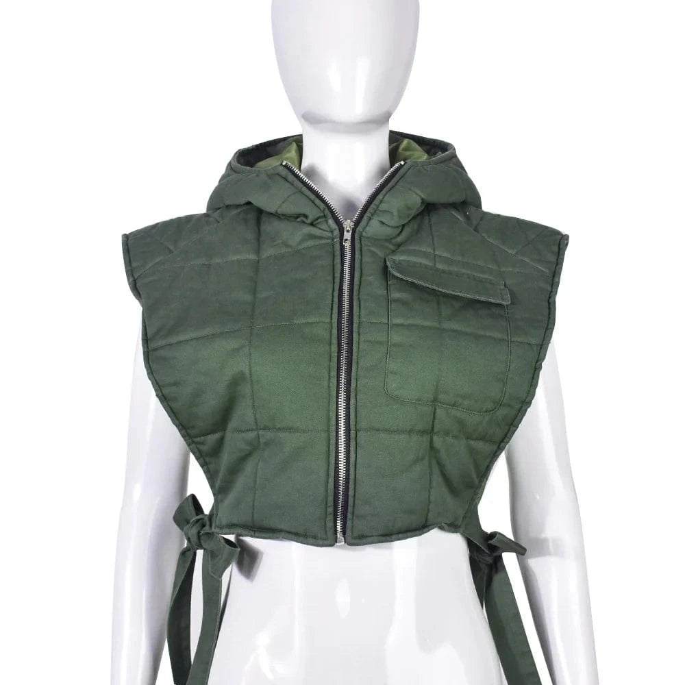 L / Dark green 2024 New Winter Fashion Wash Denim Short Vest Cotton-Padded Waistcoat Womens Sleeveless Hooded Cargo Vest
