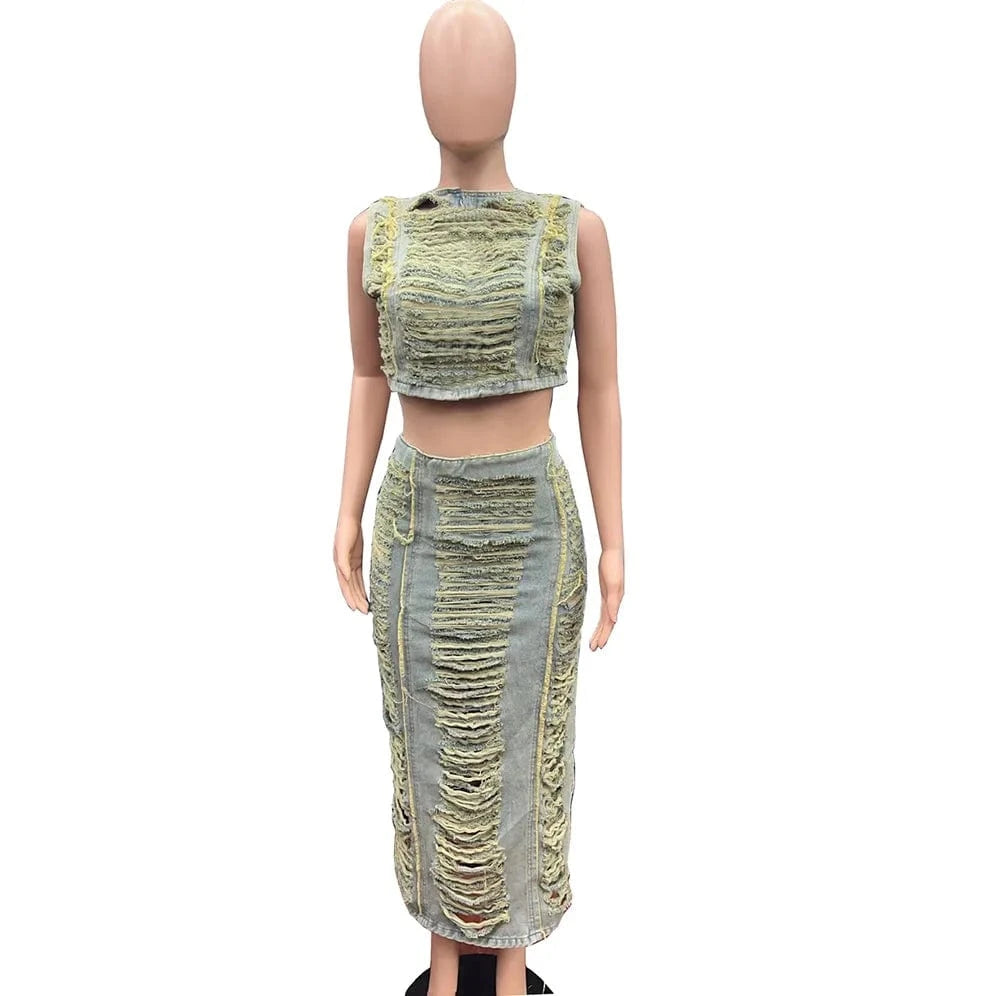 L / denim 2024 new arrivals boutique beachwear sexy ripped 2 piece maxi skirt and top set for women