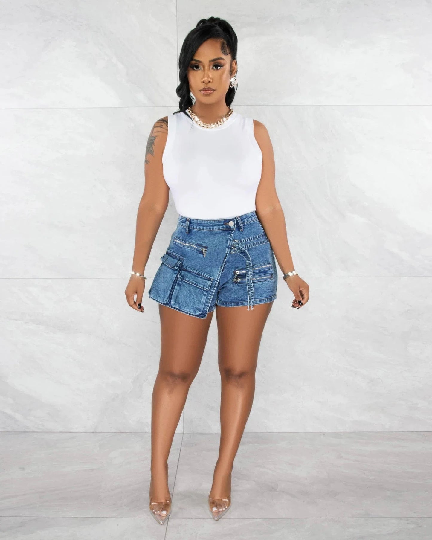 L / denim skort Ladies 2023 Trending Jeans Shorts Two Piece Outfits Stretch Jean Tube Top with Denim Cargo Skorts 2 Piece Set for Women
