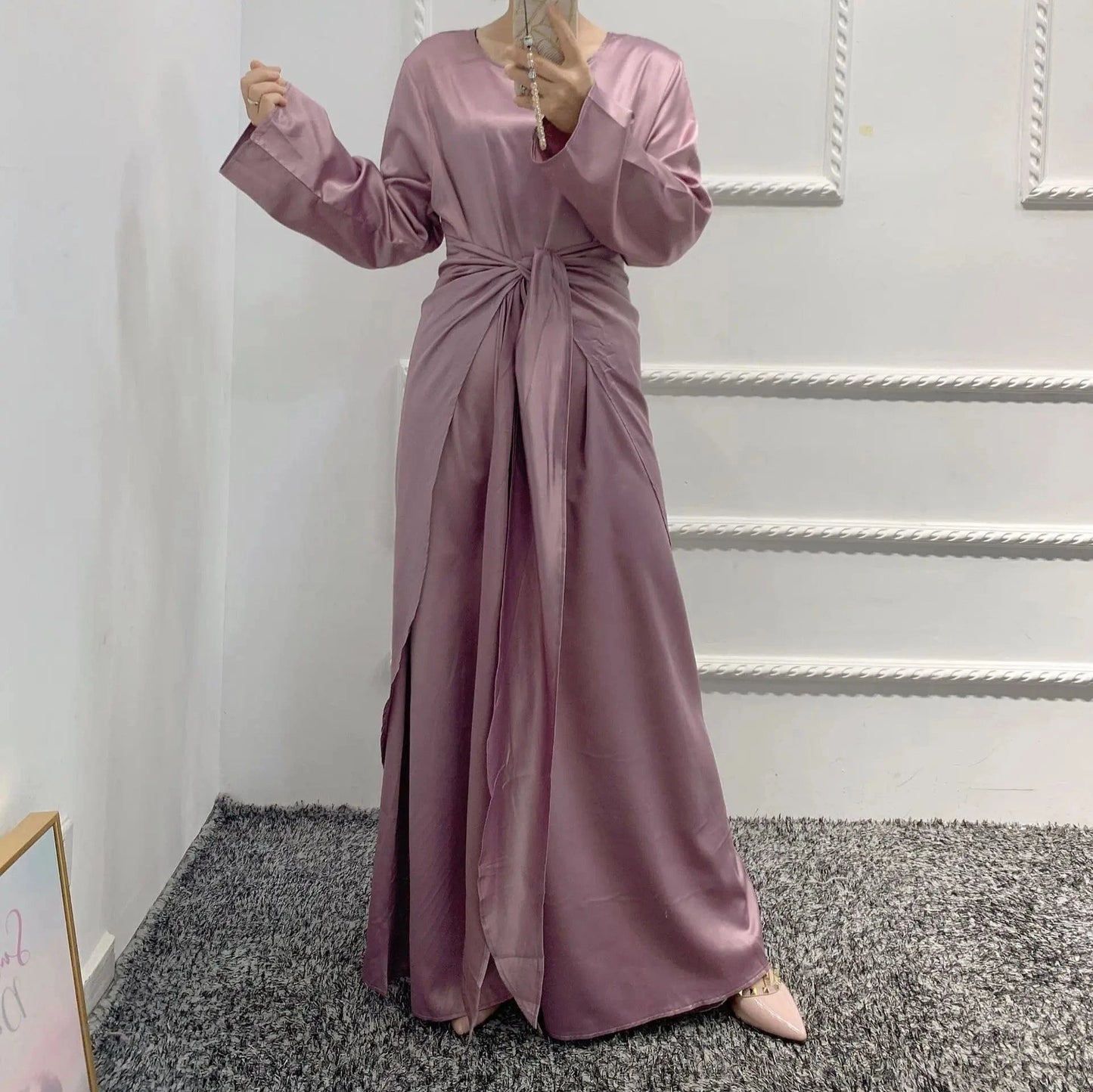 L / Dusty Pink New Designs Arrival Satin Dress Set For Women With Hijab Slip Inner Dress Outer Abaya