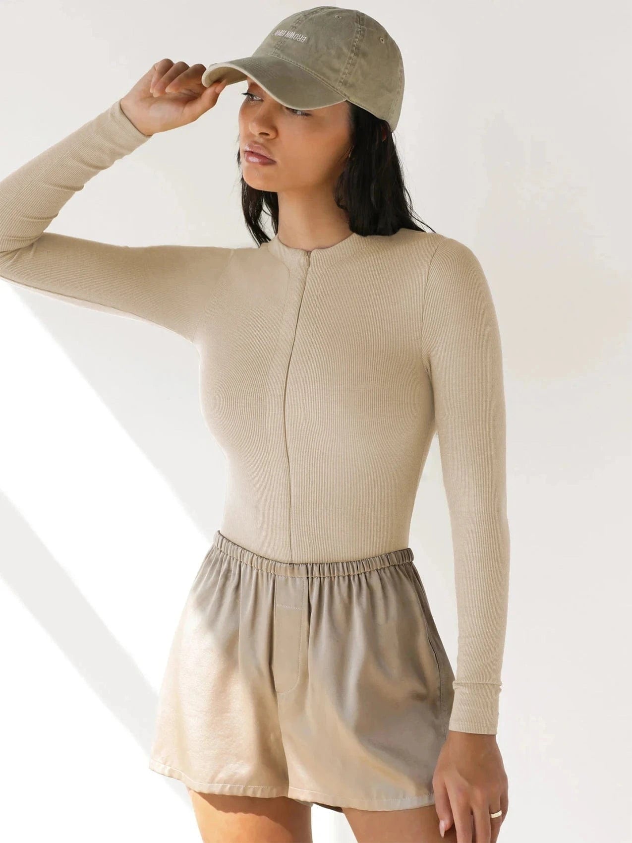 L / EKCW144 Ladies Casual Jumpsuits Ribbed Long Sleeve Sexy Round Neck Deep V Zip Up Tops Bodysuits For Women