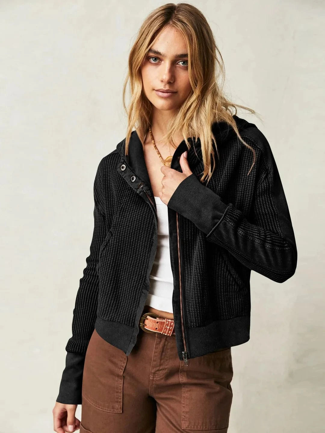 L / EWLA002 black DAMOCHIC Autumn Sweatshirt Cardigan Casual Outfit Zipper Jacket Sweatshirt Hooded Winter Waffle Patchwork Women Fall Coats 2023