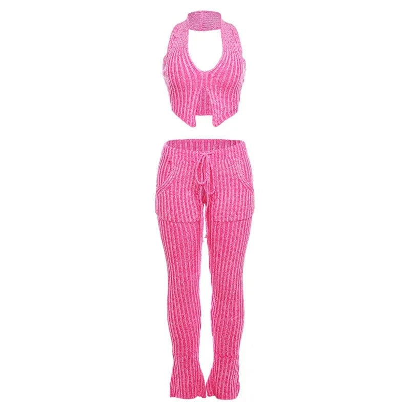 L / Fuchsia Autumn 2023 Deep V Neck Tank Top+Flare Pants Set Womens Casual Set Fashion Striped Knitted Two Piece Set
