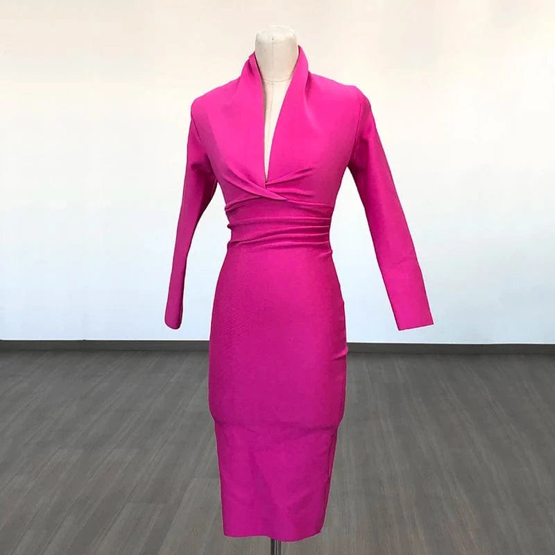 L / Fuchsia BA042 New Women's Top Party Casual Bandage Dress Long Sleeve High Quality Midi Vestidos Bodycon Deep V-Neck Sexy Evening Dresses