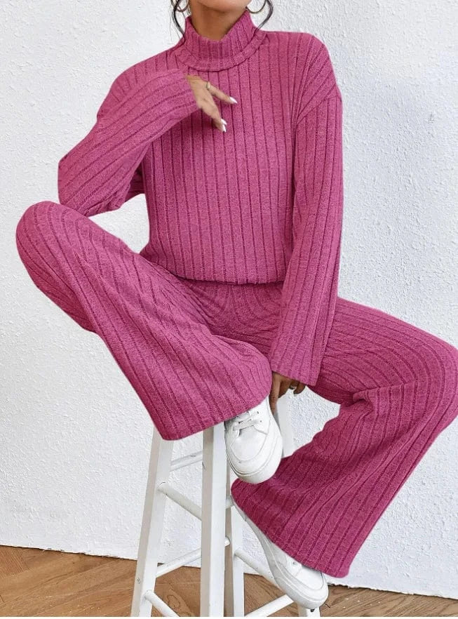 L / Fuchsia Casual Warm Loose Floor-length Sweater Pants for Women Autumn Winter High Waist Wide Leg Knitted Trousers Femme 2024