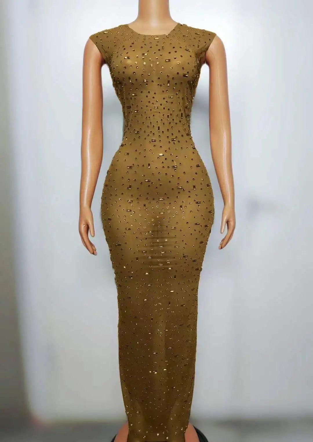 L / FX240117 Brown Ocstrade Fashion 2024 Shiny Sequins Women Dress For Stage Sleeveless Sexy Transparent Bodycon Slit Maxi Performance Dress