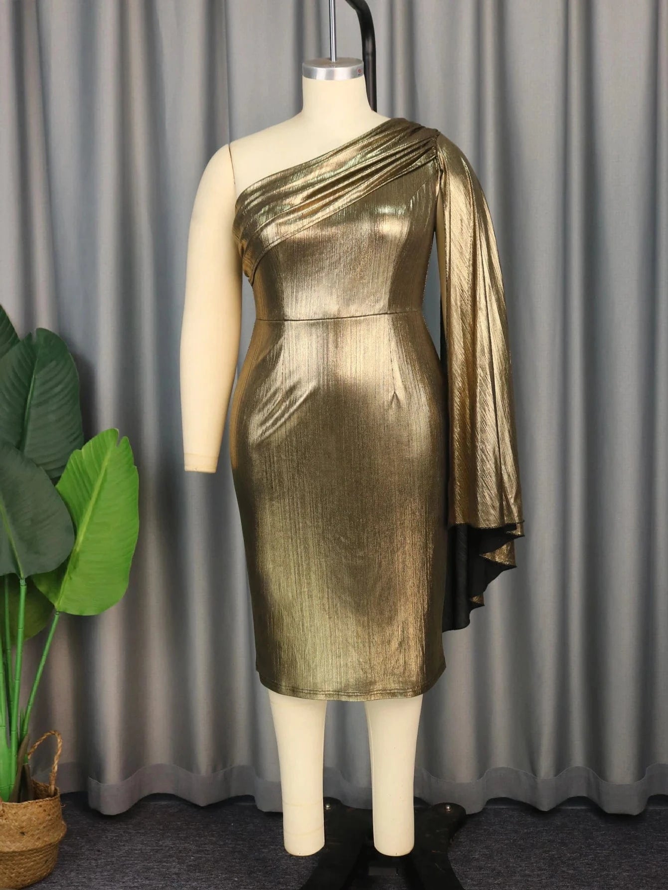 L / Gold Shiny One Shoulder Pleated Clock Sleeves Summer Robes Evening Dresses
