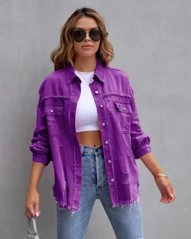 L / grape purple DAMOCHIC New Denim Jackets and Coats for Women Winter Autumn Solid Long Sleeve Hole Destroyed Jeans Jacket Coat Trench Casual