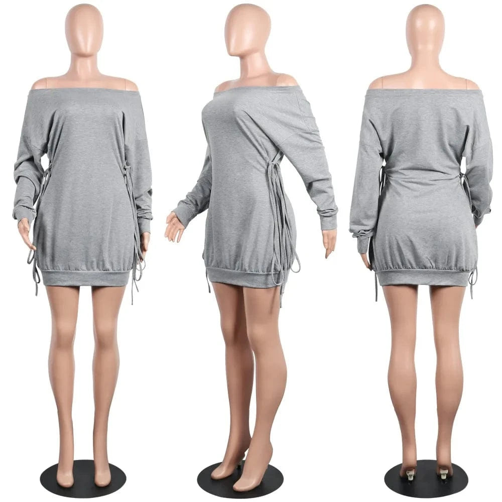 L / Gray 2024 New Spring Solid Color Bandage Casual Dress Long Sleeve Mini Dress Sexy Off Shoulder Bodycon Dresses