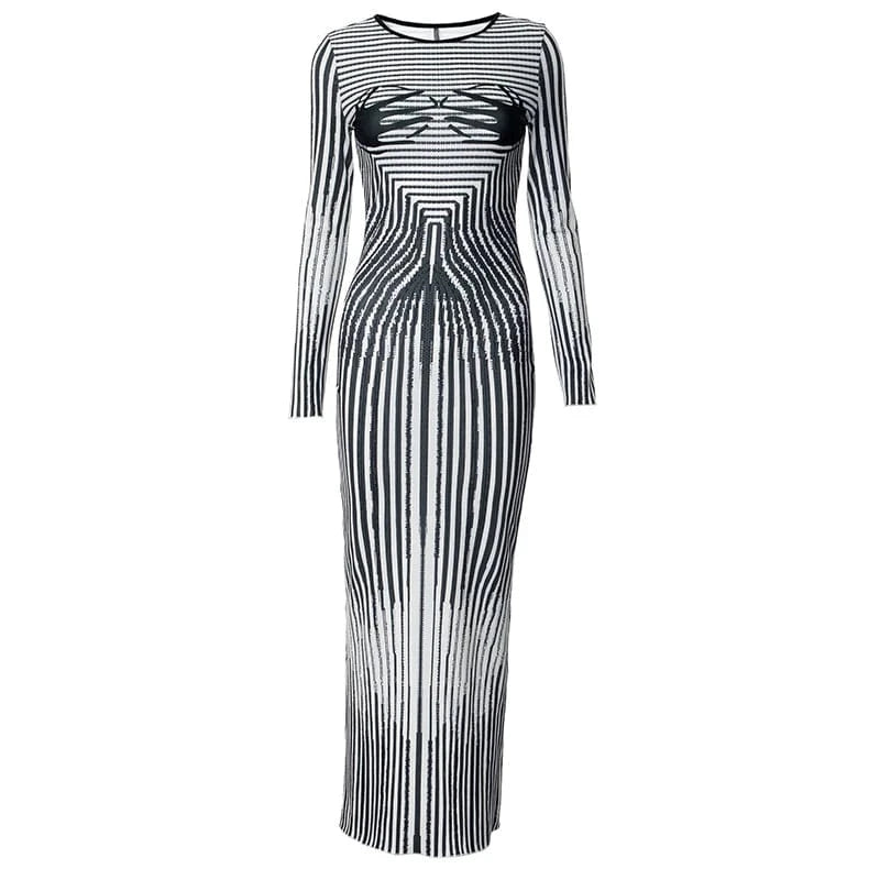 L / Gray Bomblook R23DS122 2024 Spring Printed Elegant Date Outfits Slit Women's Dresses Midi Striped Vintage Dress
