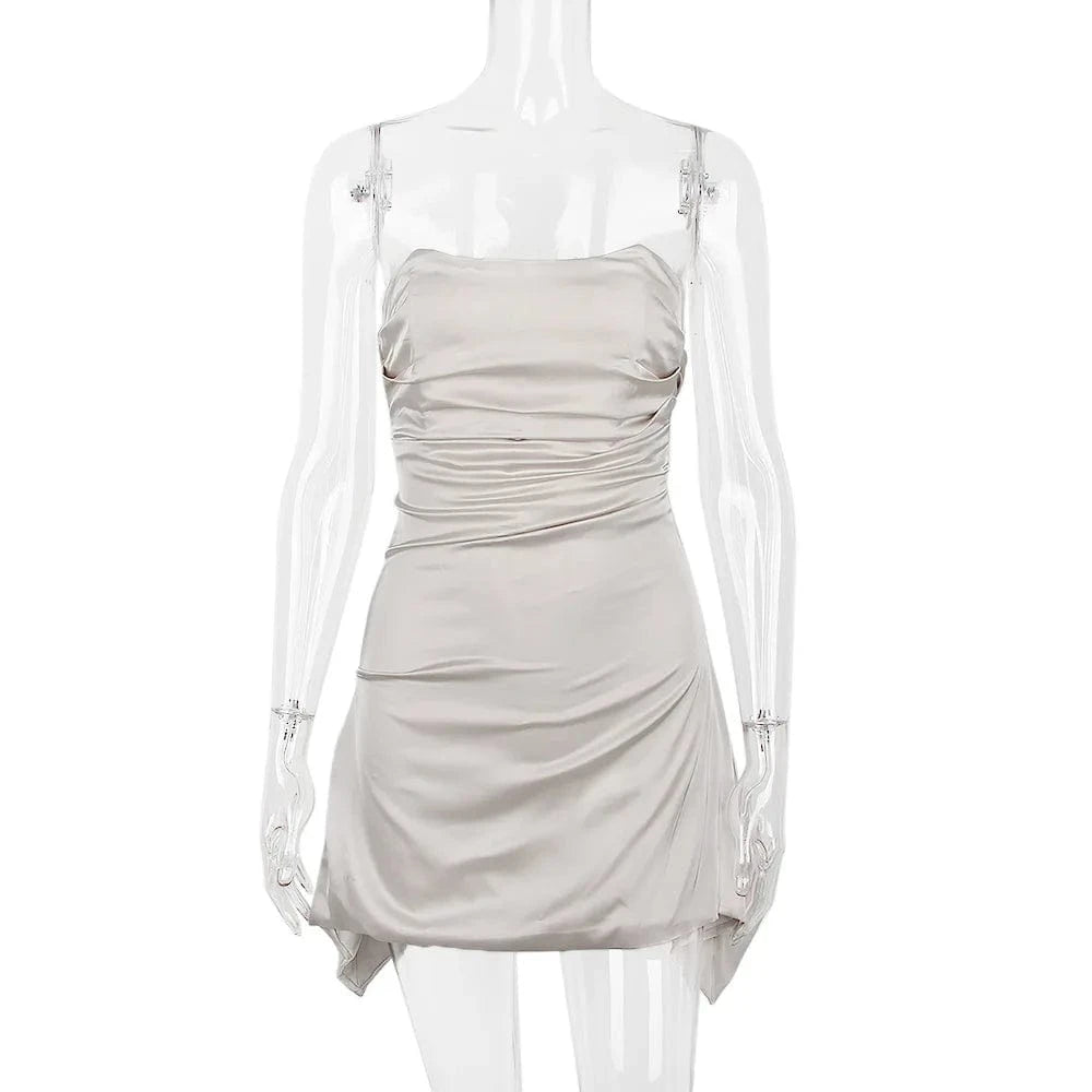 L / Gray luxury party off the shoulder silk bridesmaid ruched tight hot sexy elegant tube corset mini satin strapless dress for women