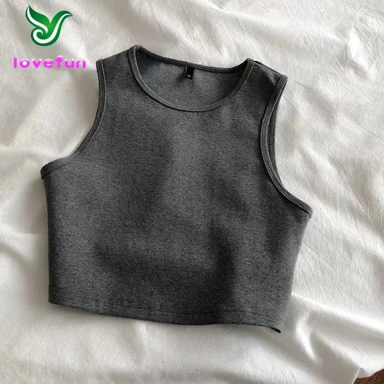 L / Gray / Polyester / Cotton Custom Cropped Vest Tank Top Women'S High Waist Slim Inside T-Shirt Women'S Elastic Short Sleeveless Bottom Shirt Girl
