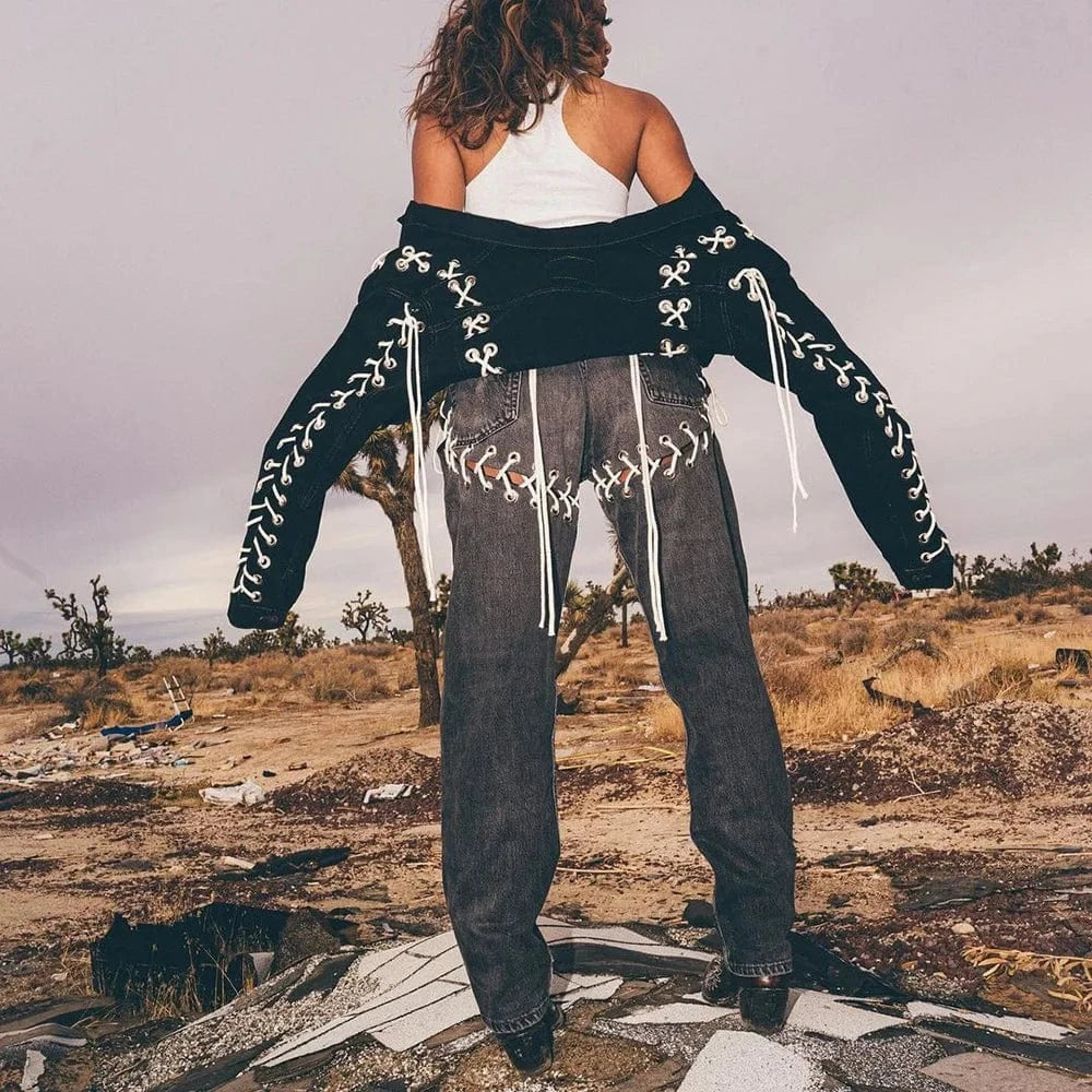 L / Gray Popular Women's Jeans Denim Pants Trouser Ladies Lace up Jeans  Pants For Women Jeans  Women's Pants & Trousers