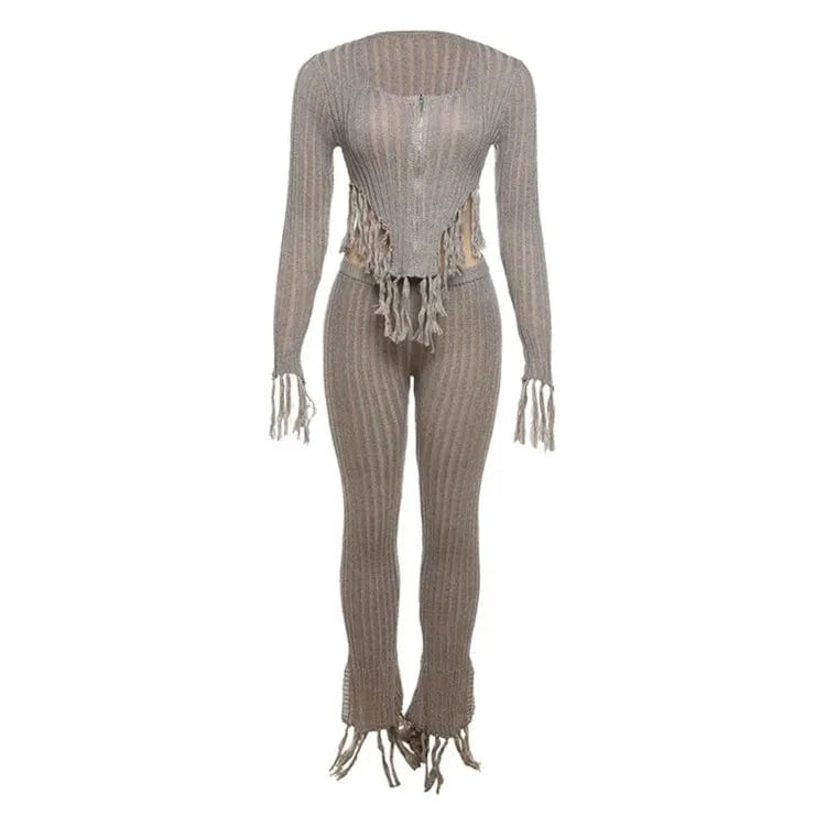 L / Gray Spring Gray Tassel Knitted 2 Two Piece Sets Casual Outfit For Women 2024 Long Sleeve Zipper Up Cardigan Pants Sets