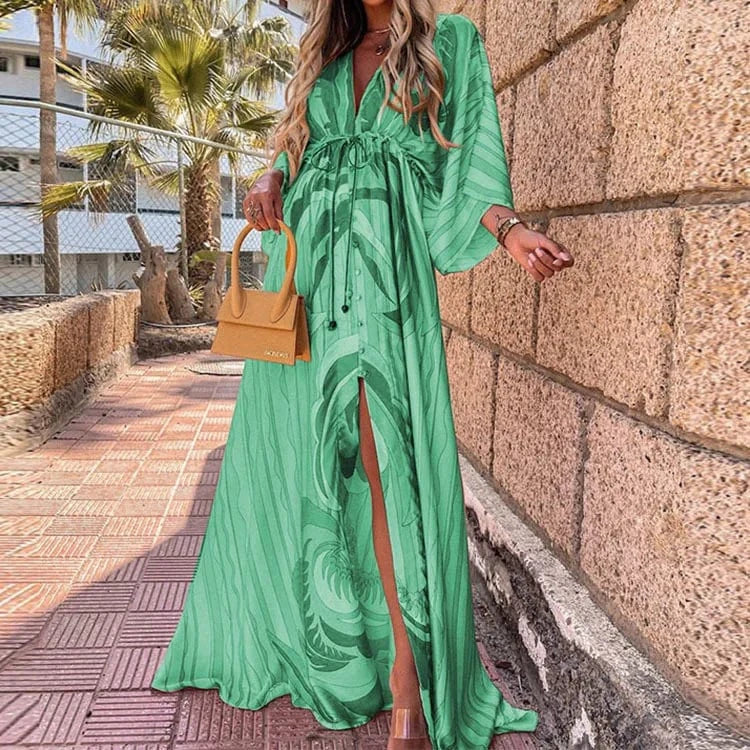 L / green 2022 new Vestido Long Sleeve ladies Loose peplum women fashion elegant chiffon Floral Boho Beach clothing Maxi Casual dress