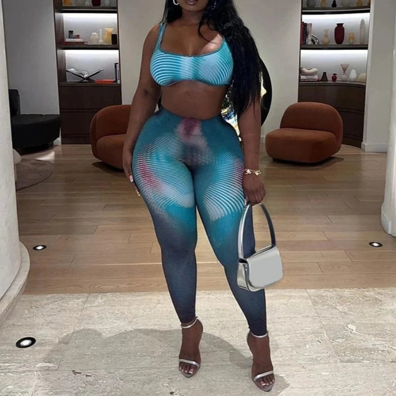 L / Green 2024 New Spring Casual Set 3D Printed Design Skinny Sport Vest and Pants Women Two Pieces Set