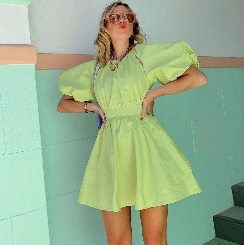 L / Green 2024 New Summer Shirt Dresses French Style Puffed Sleeve Mini Ruffled Western Vintage Green Dress