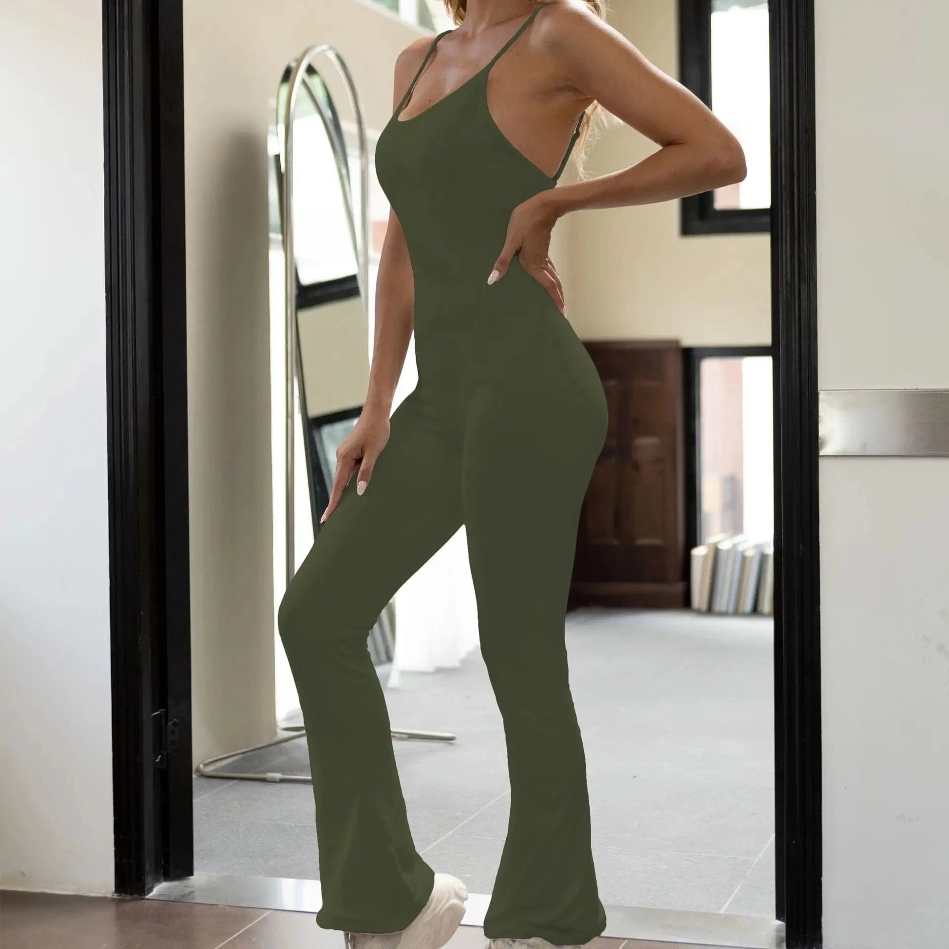 L / Green 2024 New Trendy Ribbed One Piece Yoga Sets Casual Dancing Fitness Jumpsuits Flared Pants Slim Fit Bodysuits Active Wear