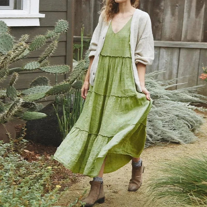 L / Green Cotton Linen Sleeveless Casual Temperament Elegant Solid Color Dress Style 2024 Summer Fashionable V-neck Loose A-Waist Dresses