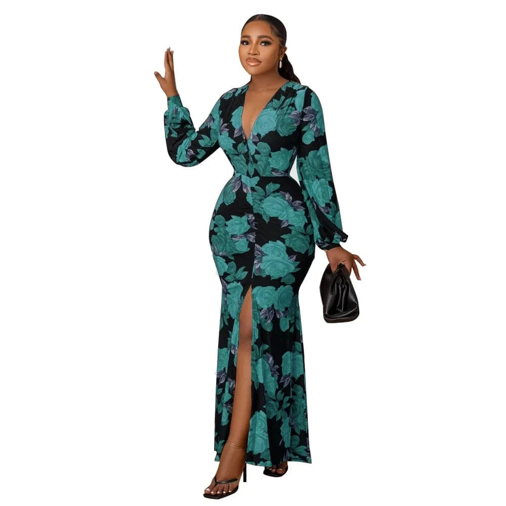 L / Green elegant dress 2024 Fashionable Casual Floral Pattern Print Women's Clothing Temperament Loose maxi dress