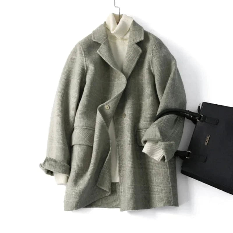 L / Green New Arrival Solid Color Lattice Double Face Winter Short Cashmere Wool Coats Women